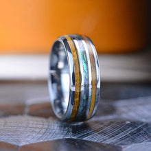Load image into Gallery viewer, Abalone & Whiskey Barrel Wood Ring Men's Wedding Band Tungsten Ring