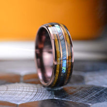 Load image into Gallery viewer, Abalone Shell & Whiskey Barrel Wood Ring, Men's Wedding Copper Color Tungsten Ring - Wooden Ring, Unique Men's Ring.
