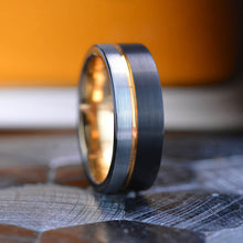 Load image into Gallery viewer, Tungsten Ring Black and Silver Brushed with Rose Gold Accent, Men's Ring, Men's Wedding Band, Dual color Mens band, Birthday Gift