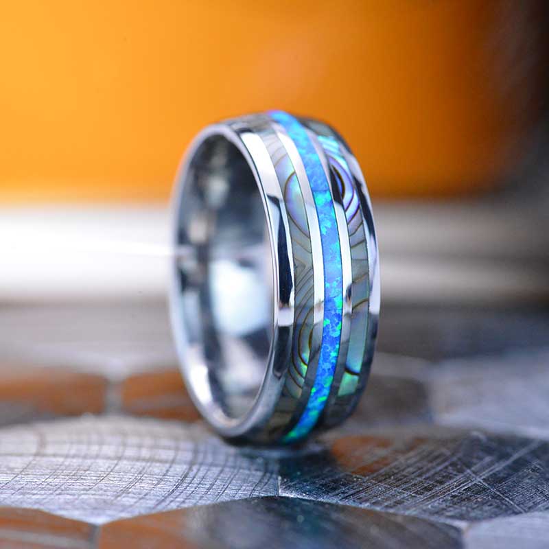 Genuine Australian Blue Fire Opal with Abalone Tungsten Ring For Him For Her