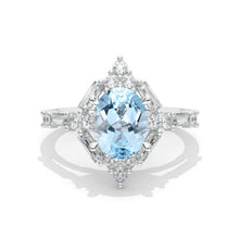 Load image into Gallery viewer, 14K Solid Gold Ring 2CT Oval Halo Genuine Aquamarine Vintage Wedding Ring. Engagement Ring Anniversary Ring, Baguette Halo Ring