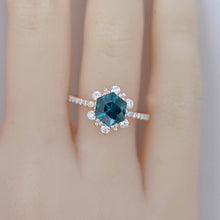 Load image into Gallery viewer, 3 Carat Hexagonal Teal Sapphire Snowflake Diamond Halo Engagement Ring. Victorian Teal Sapphire 14K Rose Gold Ring