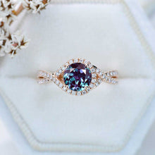 Load image into Gallery viewer, Knot Halo Alexandrite Engagement Ring. Classic lace Victorian 14K White Gold Ring