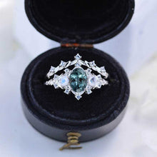 Load image into Gallery viewer, 1 Carat Oval Teal Sapphire Halo 14K White Gold Floral Engagement Ring Set