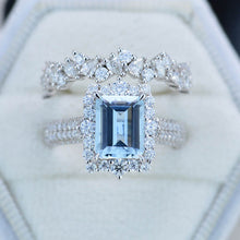 Load image into Gallery viewer, 3Ct Natural Aquamarine Engagement Ring. Halo Emerald Cut Genuine Aquamarine Engagement Ring, 9x7mm Step Cut Aquamarine Engagement Ring with Eternity Band