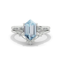 Load image into Gallery viewer, 14K White Gold 3 Carat Hexagon Genuine Aquamarine Halo Engagement Ring, Eternity Ring Set