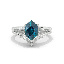 Load image into Gallery viewer, 14K White Gold 3 Carat Hexagon Teal Sapphire Halo Engagement Ring, Eternity Ring Set