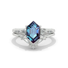 Load image into Gallery viewer, 14K White Gold 3 Carat Hexagon Alexandrite Halo Engagement Ring, Eternity Ring Set