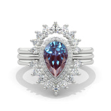 Load image into Gallery viewer, 14K White Gold 1.5 Carat Pear Alexandrite Halo Engagement Ring Eternity Ring Set