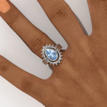 Load image into Gallery viewer, 2 Carat Pear Genuine Aquamarine Halo Engagement 14K White Gold Ring Eternity Ring Set