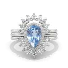 Load image into Gallery viewer, 2 Carat Pear Genuine Aquamarine Halo Engagement 14K White Gold Ring Eternity Ring Set