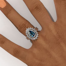 Load image into Gallery viewer, 1.5 Carat Pear Halo Teal Sapphire Engagement 14K White Gold  Ring Eternity Ring Set