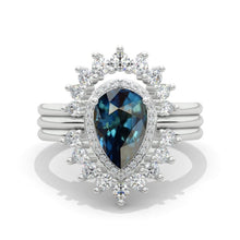 Load image into Gallery viewer, 2 Carat Pear Halo Teal Sapphire Engagement 14K White Gold Ring Eternity Ring Set