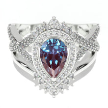 Load image into Gallery viewer, Pear shape Alexandrite engagement ring set, White gold, halo vintage moissanite band, Chevron ring, twisted band Vintage anniversary ring set