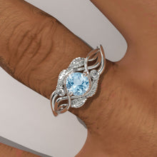 Load image into Gallery viewer, Genuine Aquamarine White Gold Engagement Lattice Floral Accented Ring