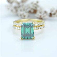 Load image into Gallery viewer, 3Ct Green Moissanite Engagement Ring, Emerald Step Cut Green Moissanite Engagement Ring Set