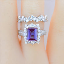 Load image into Gallery viewer, 3Ct Alexandrite Engagement Ring Halo Emerald Cut Alexandrite Engagement Ring, 9x7mm Step Cut Alexandrite Engagement Ring with Eternity Band