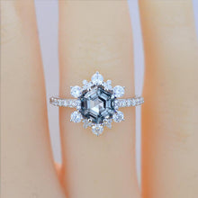 Load image into Gallery viewer, 3 Carat Hexagonal Aquamarine Snowflake Diamond Halo Engagement Ring. Victorian 14K Rose Gold Ring
