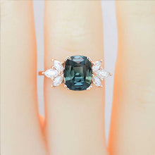 Load image into Gallery viewer, 2Ct Cushion Cut Teal Sapphire Vintage Engagement Ring, Cushion Teal Sapphire Engagement Ring, Marquise Side Accents Stones 14K Rose Gold Ring