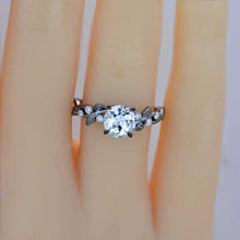 Load image into Gallery viewer, Round Brilliant Cut Genuine Natural Aquamarine Floral Black Gold Engagement Ring