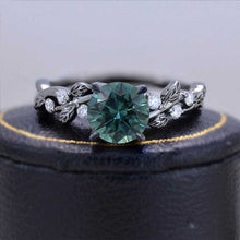 Load image into Gallery viewer, Round Brilliant Cut Teal Sapphire Floral Black Gold Engagement Ring
