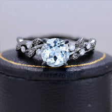 Load image into Gallery viewer, 3 Carat Round Brilliant Cut Aquamarine Floral Black Gold Engagement Ring