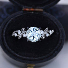 Load image into Gallery viewer, 3 Carat Round Brilliant Cut Aquamarine Floral Black Gold Engagement Ring