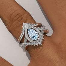 Load image into Gallery viewer, 14K White Gold 1.5 Carat Pear Aquamarine Halo Twisted Engagement Ring Eternity Ring Set