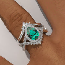 Load image into Gallery viewer, 14K White Gold 1.5 Carat Pear Emerald Halo Twisted Engagement Ring Eternity Ring Set