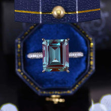 Load image into Gallery viewer, 5ct Emerald Shaped Step Cut Alexandrite Ring, 5 Carat Alexandrite Engagement Ring, Moissanite Pave Accent Stones Hidden Halo Ring