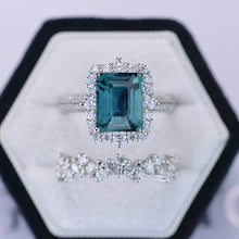 Load image into Gallery viewer, 3Ct Moissanite Engagement Ring Halo Radiant Cut Teal Sapphire Engagement Ring Set.