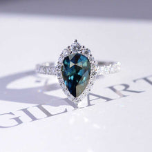 Load image into Gallery viewer, 14K Solid White Gold 3 Carat Teal Sapphire Pear Cut Halo Moissanite Ring