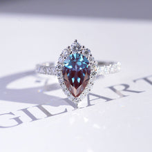 Load image into Gallery viewer, 14K Solid White Gold 3 Carat Alexandrite Pear Cut Halo  Moissanite Ring