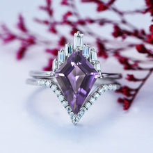 Load image into Gallery viewer, 4 Carat Amethyst  Kite Shape Step Cut, Amethyst  Halo Gold Engagement Ring, Eternity Ring Set