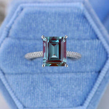 Load image into Gallery viewer, 5ct Emerald Shaped Step Cut Alexandrite Ring, 5 Carat Alexandrite Engagement Ring, Alexandrite Pave Accent Stones Hidden Halo Ring