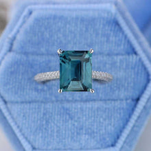Load image into Gallery viewer, 5ct Emerald Shaped Step Cut Teal Sapphire Ring, 5 Carat Teal Sapphire Engagement Ring, Teal Sapphire Pave Accent Stones Hidden Halo Ring