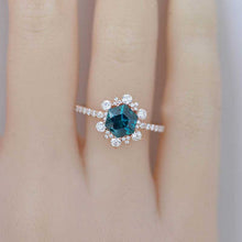 Load image into Gallery viewer, 3 Carat Hexagonal Teal Sapphire Snowflake Halo Engagement Ring. Victorian 14K Rose Gold Ring