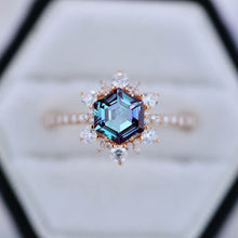 Load image into Gallery viewer, 3 Carat Hexagonal Alexandrite Snowflake Halo Engagement Ring. Victorian 14K Rose Gold Ring