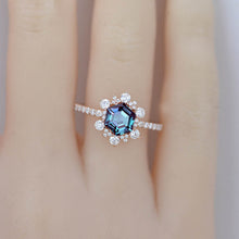 Load image into Gallery viewer, 3 Carat Hexagonal Alexandrite Snowflake Halo Engagement Ring. Victorian 14K Rose Gold Ring