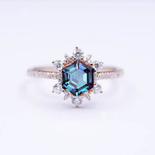 Load image into Gallery viewer, 3 Carat Hexagonal Alexandrite Snowflake Halo Engagement Ring. Victorian 14K Rose Gold Ring