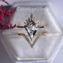 Load image into Gallery viewer, 4 Carat Black Rutile Quartz Kite Shape Step Cut, Tourmalated Quartz Halo Gold Engagement Ring, Eternity Ring Set