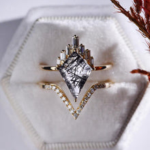 Load image into Gallery viewer, 4 Carat Black Rutile Quartz Kite Shape Step Cut, Tourmalated Quartz Halo Gold Engagement Ring, Eternity Ring Set