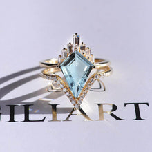 Load image into Gallery viewer, 14K Gold 4 Carat Kite Genuine Aquamarine Halo Engagement Ring, Eternity Ring Set. Fairy Tale Nontraditional Ring