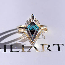 Load image into Gallery viewer, 14K Gold 4 Carat Kite Alexandrite Halo Engagement Ring, Eternity Ring Set