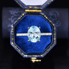 Load image into Gallery viewer, 3 Carat Oval Genuine Natural Aquamarine Ring, Hidden Halo Rose Gold Engagement Ring