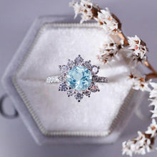 Load image into Gallery viewer, 2 Carat Round Aquamarine Snowflake Halo Engagement Ring. Victorian 14K White Gold Ring