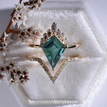 Load image into Gallery viewer, 14K Gold 4 Carat Kite Teal Sapphire Halo Engagement Ring, Eternity Ring Set