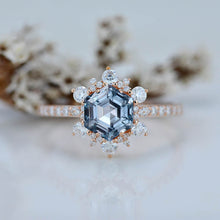 Load image into Gallery viewer, 3 Carat Hexagonal Aquamarine Snowflake Diamond Halo Engagement Ring. Victorian 14K Rose Gold Ring