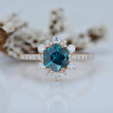 Load image into Gallery viewer, 3 Carat Hexagonal Teal Sapphire Snowflake Diamond Halo Engagement Ring. Victorian Teal Sapphire 14K Rose Gold Ring