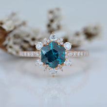 Load image into Gallery viewer, 3 Carat Hexagonal Teal Sapphire Halo Engagement Ring. Victorian 14K Rose Gold Ring
